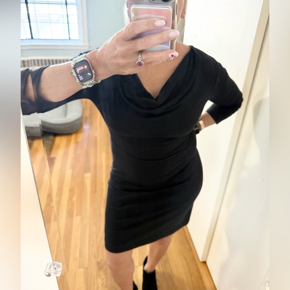 J.Crew Black Cowl Neck Dress | 3/4 Sleeve | Cotton Stretch | XS
